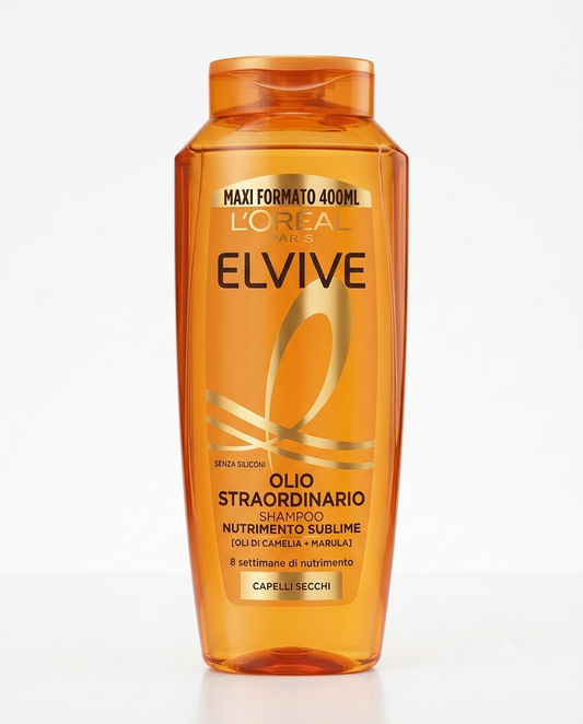 L'Oréal Paris Elvive Shampoo Olio Straordinario 400ml con oli di camelia e marula, shampoo nutriente per capelli secchi, crespi e sfibrati, formula senza siliconi, morbidezza, lucentezza e nutrimento intenso.