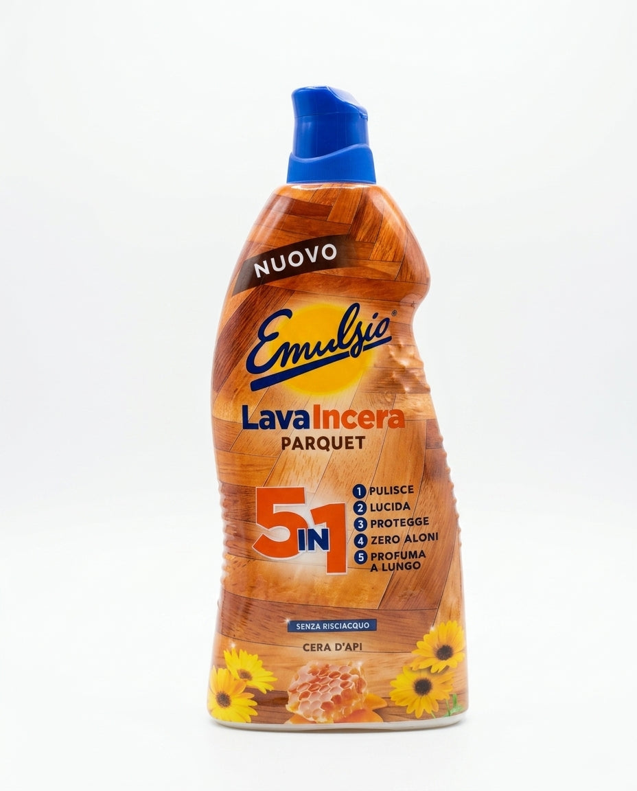 Emulsio Lavaincera Parquet 875 ml 5 in 1, detergente che pulisce, lucida e protegge parquet verniciato e laminato, con cera d'api, effetto rinnovatore contro graffi, macchie e aloni, zero aloni e formula non appiccicosa.