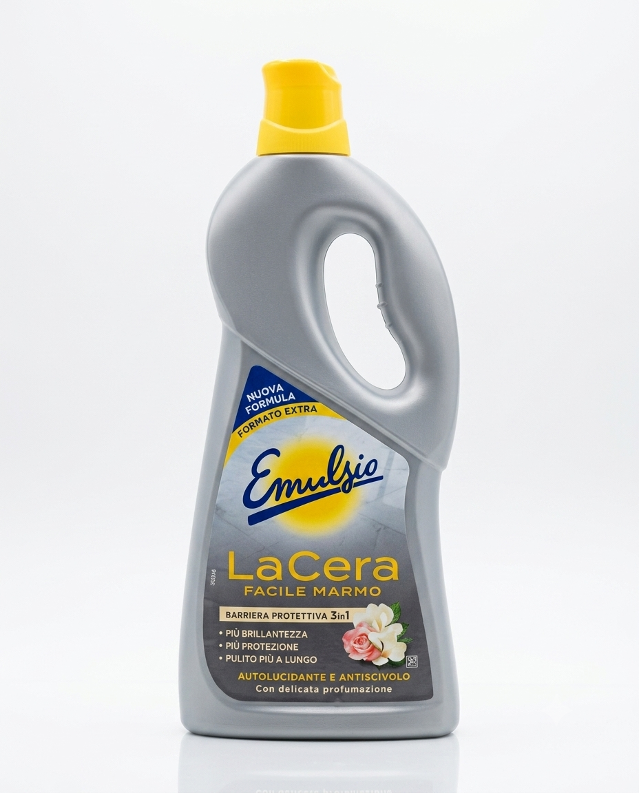 Emulsio LaCera Facile Marmo Cera Autolucidante 3in1, trattamento per pavimenti in marmo con nuova formula, dona extra brillantezza, protegge le superfici e facilita la pulizia senza necessità di lucidatrice.