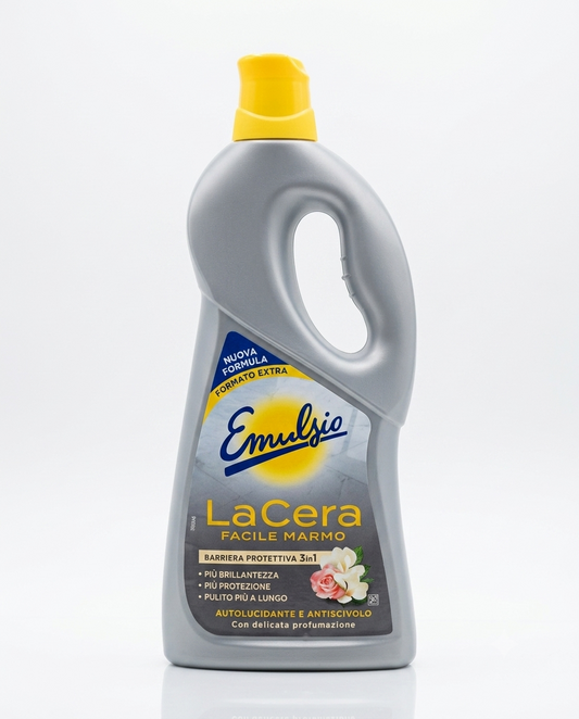 Emulsio LaCera Facile Marmo Cera Autolucidante 3in1, trattamento per pavimenti in marmo con nuova formula, dona extra brillantezza, protegge le superfici e facilita la pulizia senza necessità di lucidatrice.