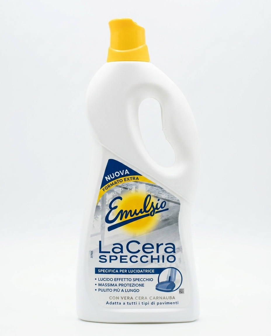 Emulsio LaCera Specchio Cera Pavimenti 725 ml, cera autolucidante con cera carnauba per pavimenti, dona un effetto specchio brillante e una protezione duratura, ideale per l'utilizzo con lucidatrice.
