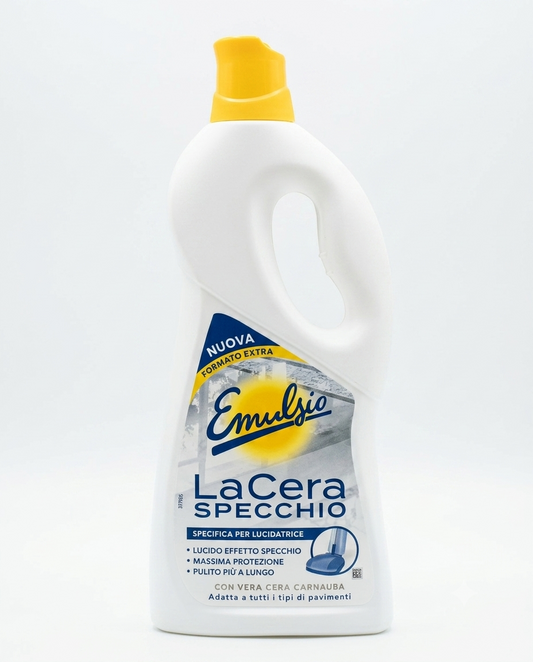 Emulsio LaCera Specchio Cera Pavimenti 725 ml, cera autolucidante con cera carnauba per pavimenti, dona un effetto specchio brillante e una protezione duratura, ideale per l'utilizzo con lucidatrice.