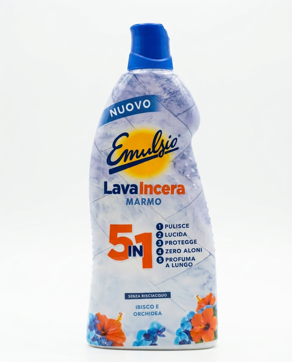 Emulsio Lavaincera Marmo 875 ml 5 in 1, detergente che pulisce, lucida e protegge marmo, ceramica, gres e pietre naturali, con effetto rinnovatore contro graffi, macchie e aloni, zero aloni e profumazione Ibisco e Orchidea a lunga durata.