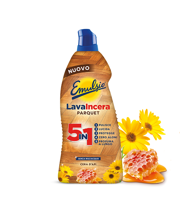 Emulsio Lavaincera Parquet 875 ml 5 in 1, detergente che pulisce, lucida e protegge parquet verniciato e laminato, con cera d'api, effetto rinnovatore contro graffi, macchie e aloni, zero aloni e formula non appiccicosa.