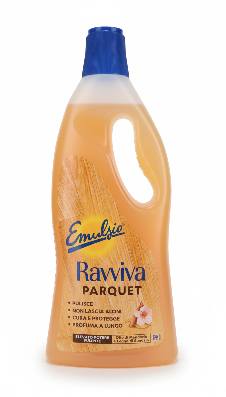 Emulsio Ravviva Parquet e Legno – Detergente Nutriente 1000ml – Con Olio di Mandorla e Legno di Sandalo – Pulizia Senza Aloni