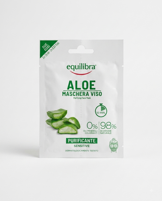 Equilibra Aloe Maschera Viso Purificante Sensitive 2×7,5 ml, maschera viso con 40% di aloe vera, argille e 98% di ingredienti di origine naturale, ideale per una delicata azione purificante.