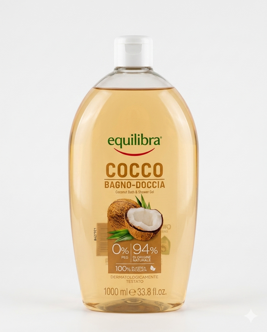 Equilibra Bagno Doccia Cocco 1000ml con estratto di cocco, detergente nutriente e idratante con 94% ingredienti di origine naturale, flacone maxi formato famiglia da 1 litro.
