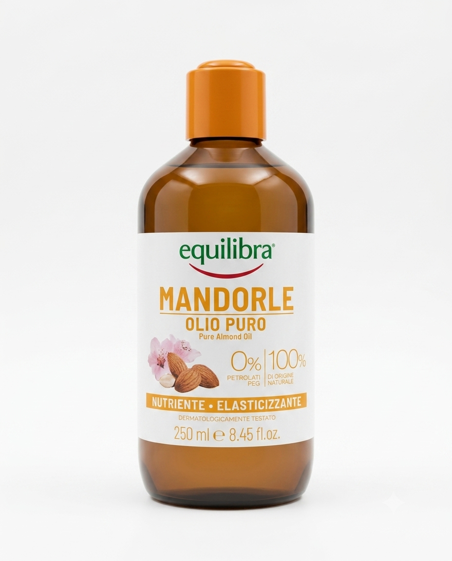 Equilibra Olio di Mandorle Puro 250 ml, olio 100% di origine naturale spremuto a freddo, dalle proprietà nutrienti ed elasticizzanti, ideale per la cura e l'idratazione della pelle.