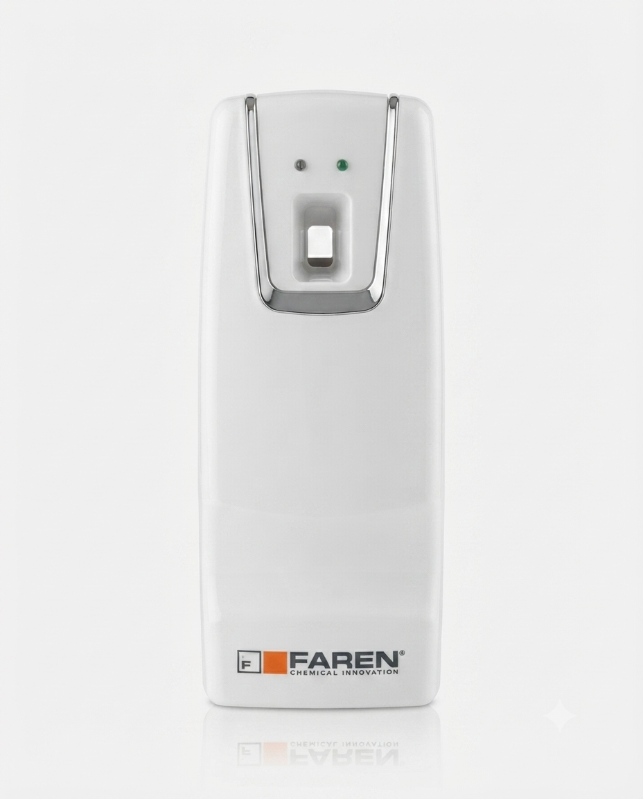 FAREN Automatic Aerosol Dispenser, erogatore automatico per deodoranti per ambiente e spray insetticidi, programmabile per una diffusione costante e controllata di fragranza o protezione dagli insetti.