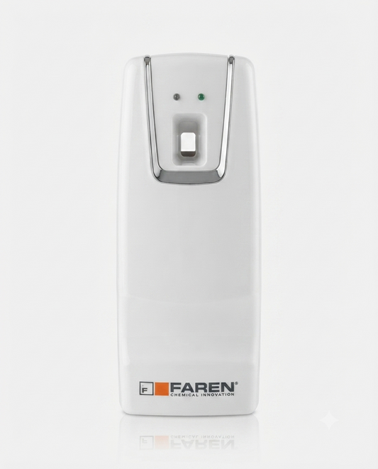 FAREN Automatic Aerosol Dispenser, erogatore automatico per deodoranti per ambiente e spray insetticidi, programmabile per una diffusione costante e controllata di fragranza o protezione dagli insetti.