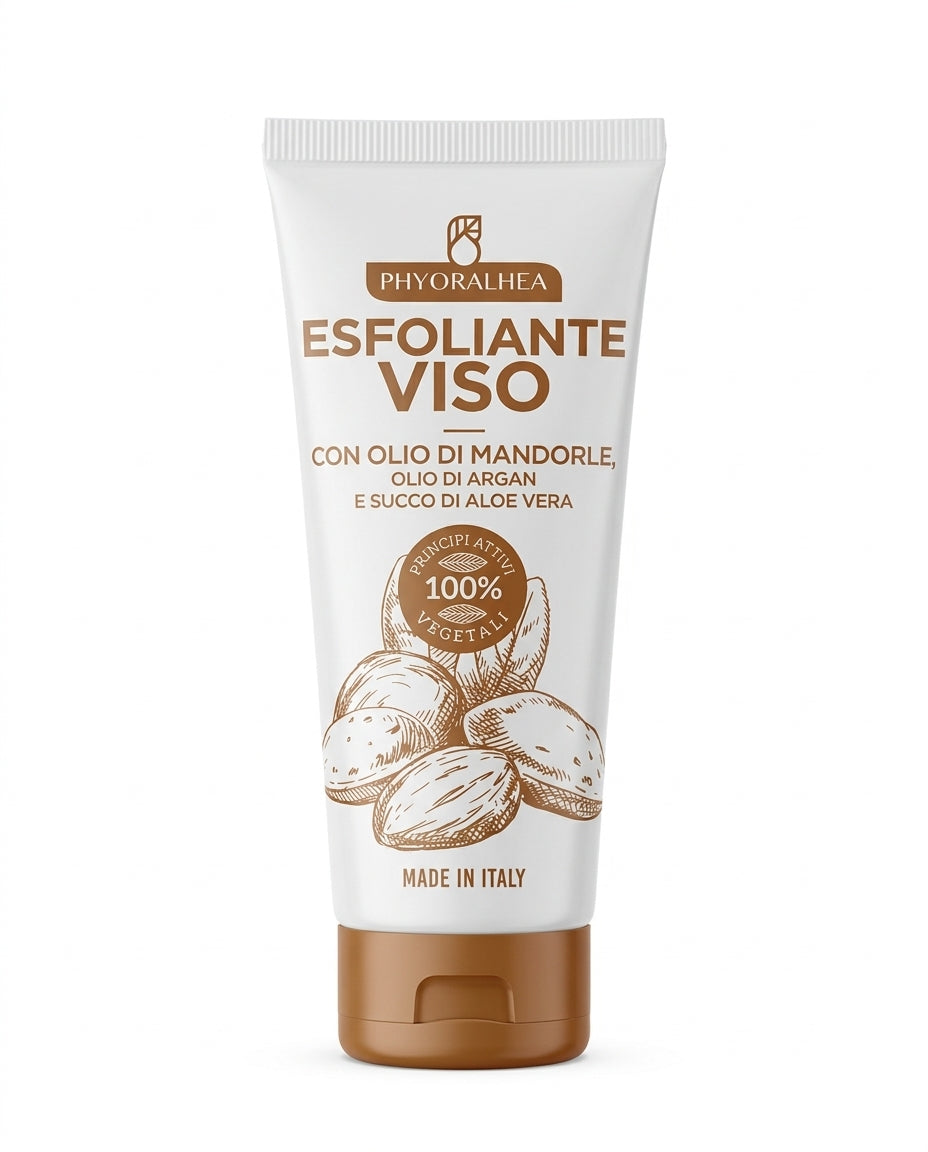 PHYORALHEA Esfoliante Viso all'Olio di Mandorle 75 ml | Scrub Viso con Olio di Argan, Aloe Vera e Acido Ialuronico | Rimuove Impurità e Cellule Morte | 100% Principi Attivi Vegetali | Made in Italy