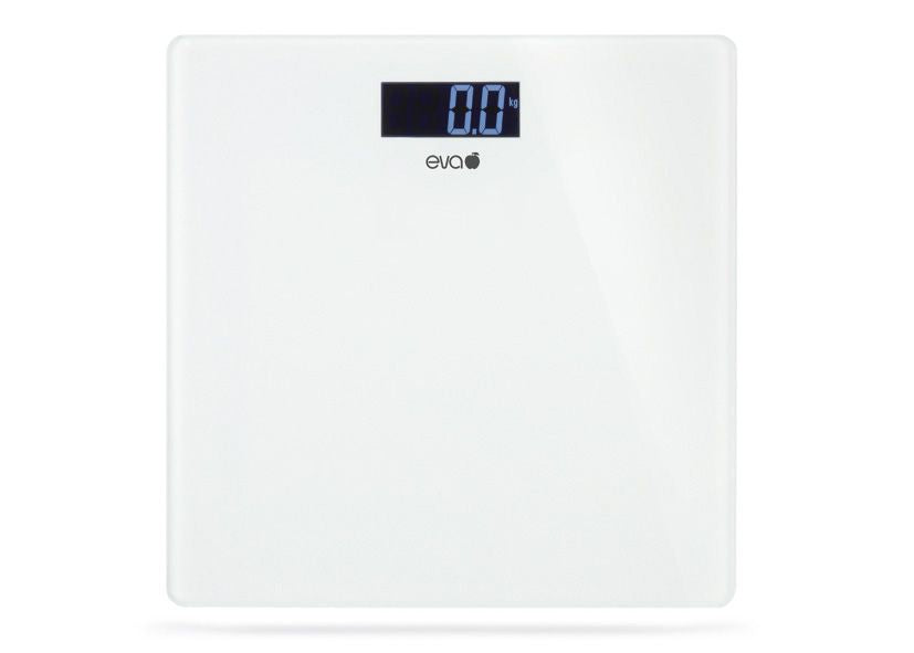 Eva Bilancia Pesapersona Elettronica in Vetro Bianco | Portata 180 Kg | Divisione 50g ad Alta Precisione | Display LCD Retroilluminato | Design Slim 30x30 cm