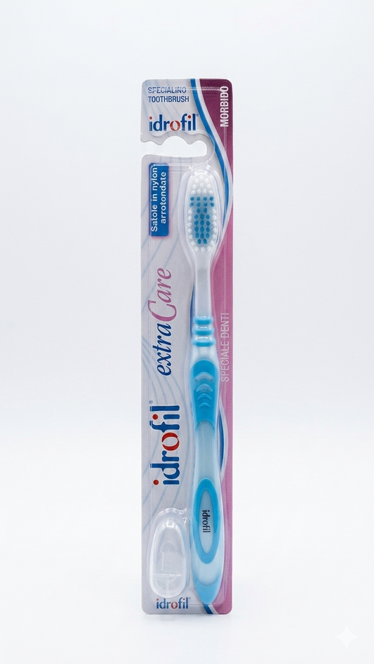 Idrofil Spazzolino Extra Care Morbido | Setole in Tynex Arrotondate per Gengive Sensibili | Manico Flessibile con Coprisetole Incluso