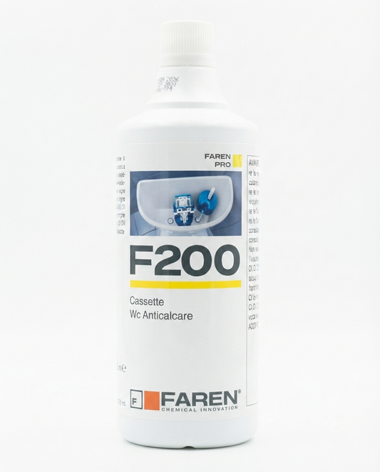 FAREN PRO F200 Disincrostante Anticalcare 1 litro, detergente specifico per cassette WC interne ed esterne, rimuove rapidamente calcare e incrostazioni, sicuro per guarnizioni e componenti in plastica.