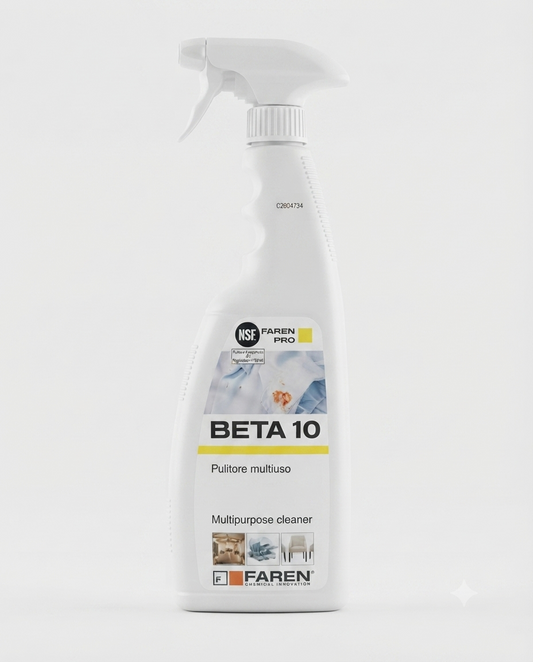 FAREN PRO Beta 10 Pulitore Multiuso 750 ml, detergente spray per tessuti, plastica, metalli e legno, rimuove efficacemente grasso e sporco con formula pronta all'uso per superfici domestiche e professionali.