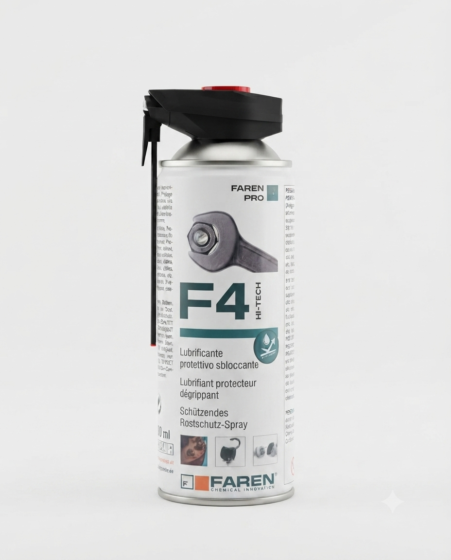 FAREN F4 Hi-Tech Lubrificante Sbloccante Multifunzione 400 ml, spray protettivo antiruggine con beccuccio di precisione, lubrifica, sblocca, protegge dalla corrosione e rimuove l'umidità su metalli e meccanismi.