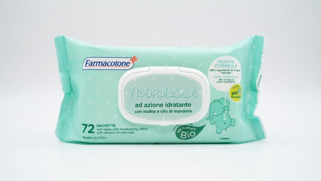 Salviettine Farmacotone Natural Bebè 72 pezzi con aloe vera e olio di mandorle per pelle sensibile dei bambini