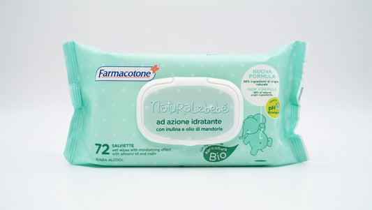 Farmacotone Natural Bebè Salviette Detergenti Bio con Aloe Vera e Olio di Mandorle | pH Neutro | 72 Pezzi | Tessuto Morbido