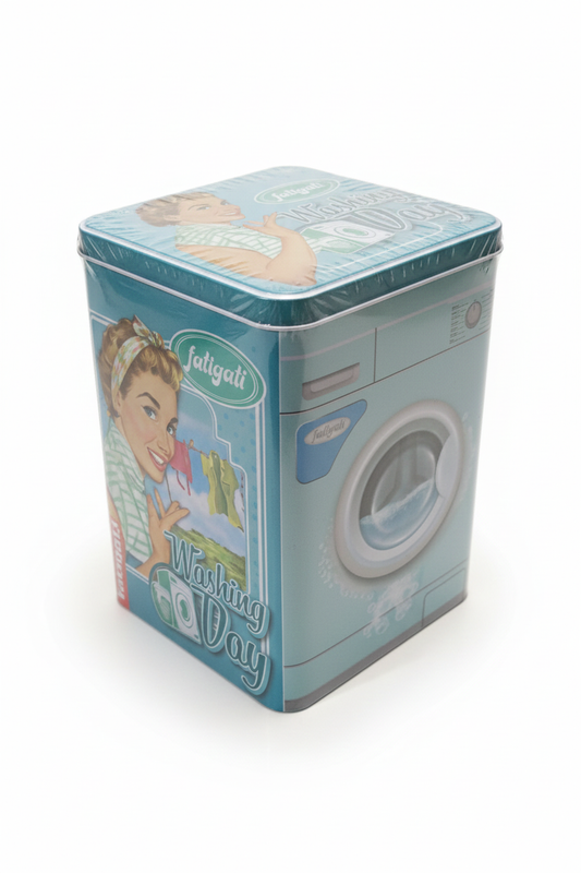 Fatigati Porta Detersivo in Metallo con Manico | Organizer Salvaspazio 15x15x h21 cm | Decori Retro Vintage | Contenitore Multiuso per Lavanderia e Casa | Colori Assortiti