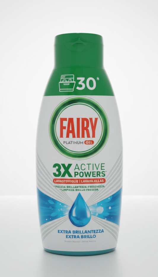 Fairy Platinum Gel Lavastoviglie – 600ml (30 Misurini) – Brezza Marina – Extra Brillantezza e Azione Sgrassante Profonda