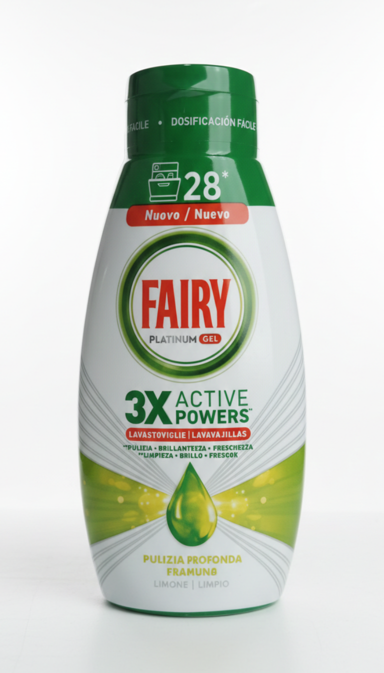 Fairy Platinum Gel Lavastoviglie 3X – 504ml (28 Lavaggi) – Azione Brillantezza Extra al Limone Verde – Pulizia Profonda e Sgrassante