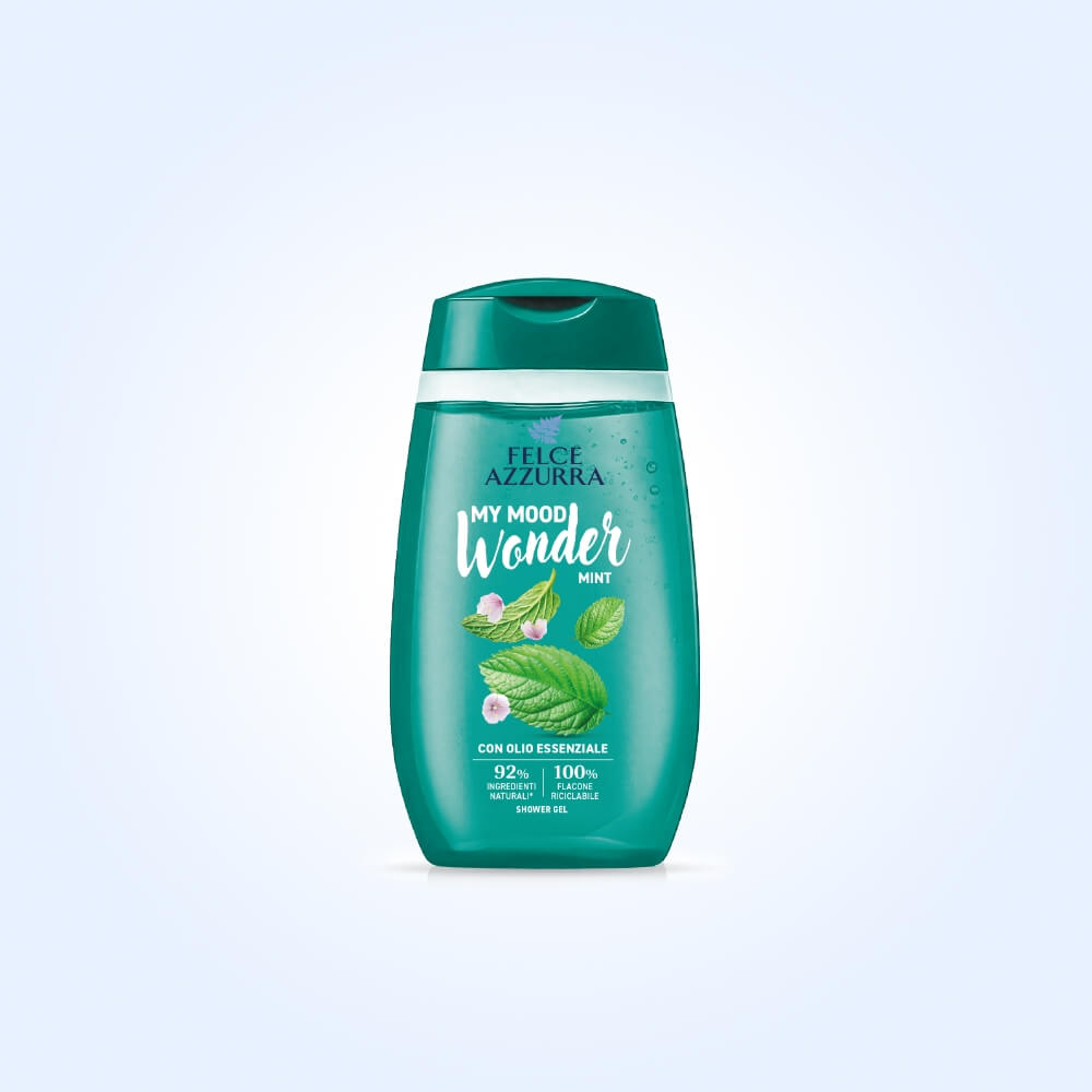 Felce Azzurra Doccia My Mood Wonder Mint 250 ml, bagnodoccia energizzante con olio essenziale di eucalipto, deterge delicatamente la pelle donando una piacevole sensazione di freschezza, vitalità e benessere quotidiano.