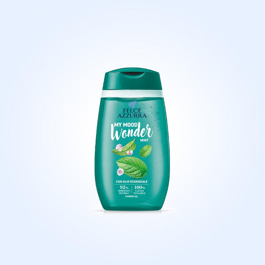 Felce Azzurra Doccia My Mood Wonder Mint 250 ml, bagnodoccia energizzante con olio essenziale di eucalipto, deterge delicatamente la pelle donando una piacevole sensazione di freschezza, vitalità e benessere quotidiano.