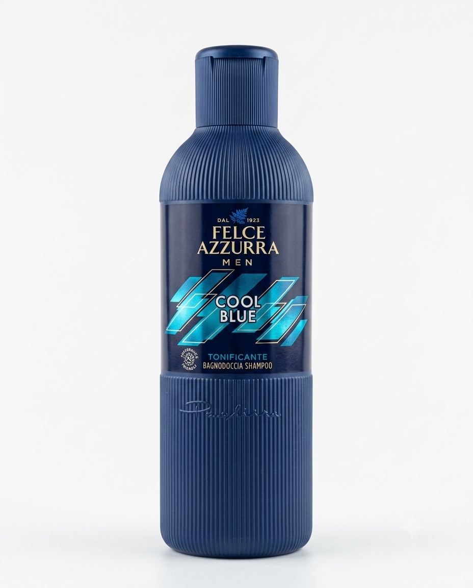 Felce Azzurra Docciashampoo Cool Blue Tonificante 500 ml, shampoo doccia uomo con note di bergamotto, cedro e ambra, deterge corpo e capelli donando una piacevole sensazione di freschezza, energia e vitalità quotidiana.