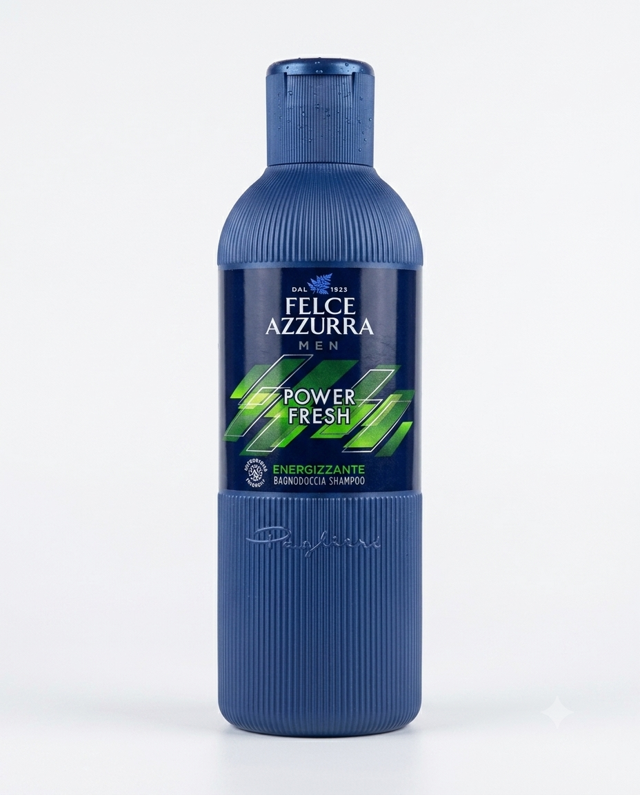 Felce Azzurra MEN Docciashampoo Power Fresh Energizzante 500 ml, shampoo doccia uomo con note di bergamotto, sandalo e ambra, deterge corpo e capelli donando freschezza intensa, energia e una piacevole profumazione maschile a lunga durata.