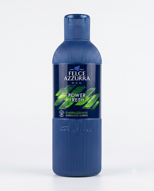Felce Azzurra MEN Docciashampoo Power Fresh Energizzante 500 ml, shampoo doccia uomo con note di bergamotto, sandalo e ambra, deterge corpo e capelli donando freschezza intensa, energia e una piacevole profumazione maschile a lunga durata.