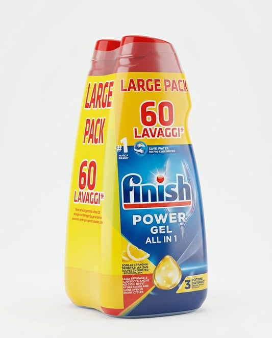 Finish Power Gel All in 1 Limone Detergente Gel Lavastoviglie Bipack 60 Lavaggi (2x600 ml) – Formula Sgrassante Rapido Scioglimento Cicli Brevi