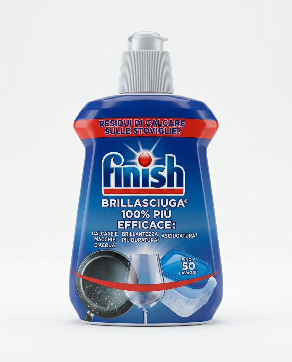 Finish Brillantante Brillasciuga Regolare 250 ml, per un'asciugatura efficace e brillantezza delle stoviglie, aiuta a dissolvere i residui di calcare e protegge i bicchieri dalla corrosione.