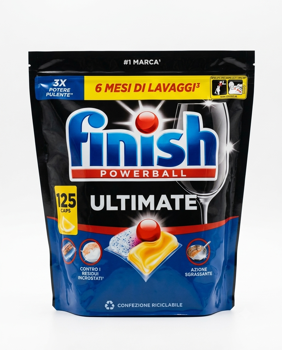 Finish Ultimate Powerball Limone 125 Caps, capsule lavastoviglie maxi formato 1625 g, azione sgrassante e brillantezza profonda, efficaci anche nei cicli brevi ed Eco per stoviglie perfettamente pulite.