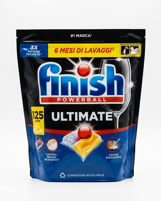 Finish Ultimate Powerball Limone 125 Capsule, maxi formato 1625 g, detergente lavastoviglie con potente azione sgrassante e brillantezza profonda, efficace anche nei cicli brevi ed eco, aiuta a rimuovere residui ostinati e grasso incrostato lasciando stoviglie pulite, brillanti e senza aloni.