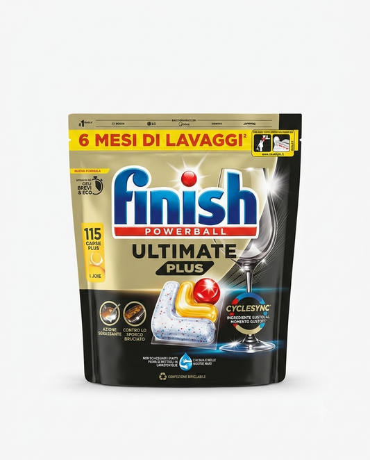Finish Ultimate Plus All in One 115 Capsule Limone, detergente lavastoviglie con tecnologia CycleSync e 3X potere pulente contro lo sporco bruciato e i residui ostinati, efficace anche nei cicli brevi ed eco, aiuta a ottenere stoviglie brillanti e una pulizia profonda a ogni lavaggio.