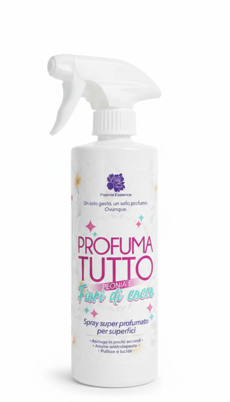 Peonia Essence Profumatutto Spray 480ml – Pulitore Multiuso Profumato per Superfici e Tessuti ad Asciugatura Rapida – Disponibile in 6 Fragranze