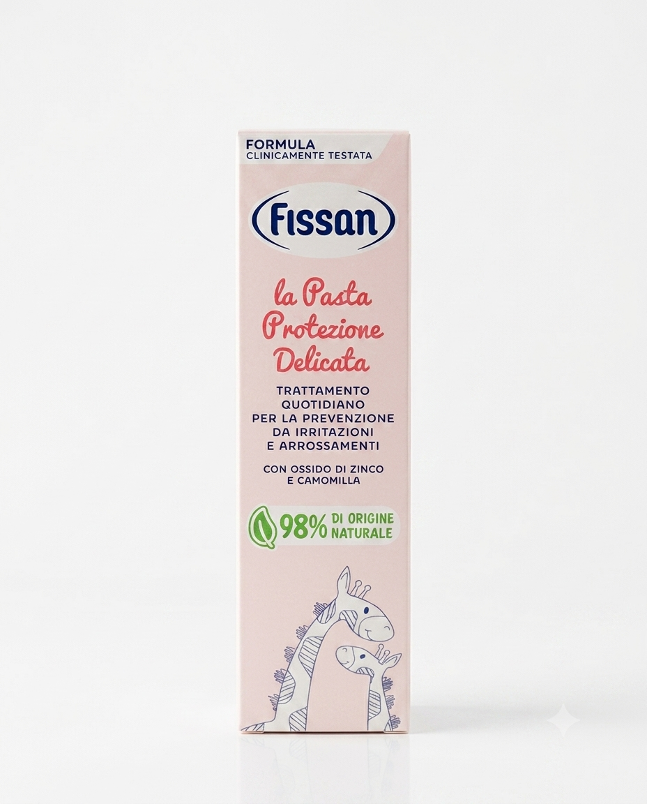 Tubo di Fissan Pasta Protezione Delicata 100g con ossido di zinco, camomilla e calendula, crema barriera per prevenire irritazioni da pannolino nei bambini.