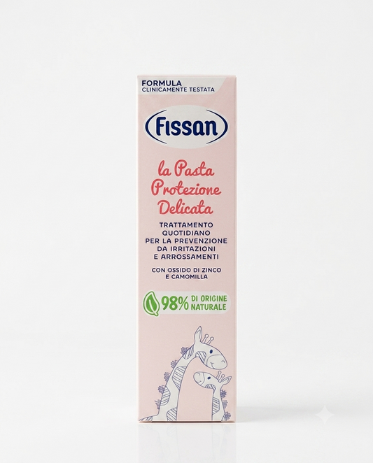 Tubo di Fissan Pasta Protezione Delicata 100g con ossido di zinco, camomilla e calendula, crema barriera per prevenire irritazioni da pannolino nei bambini.