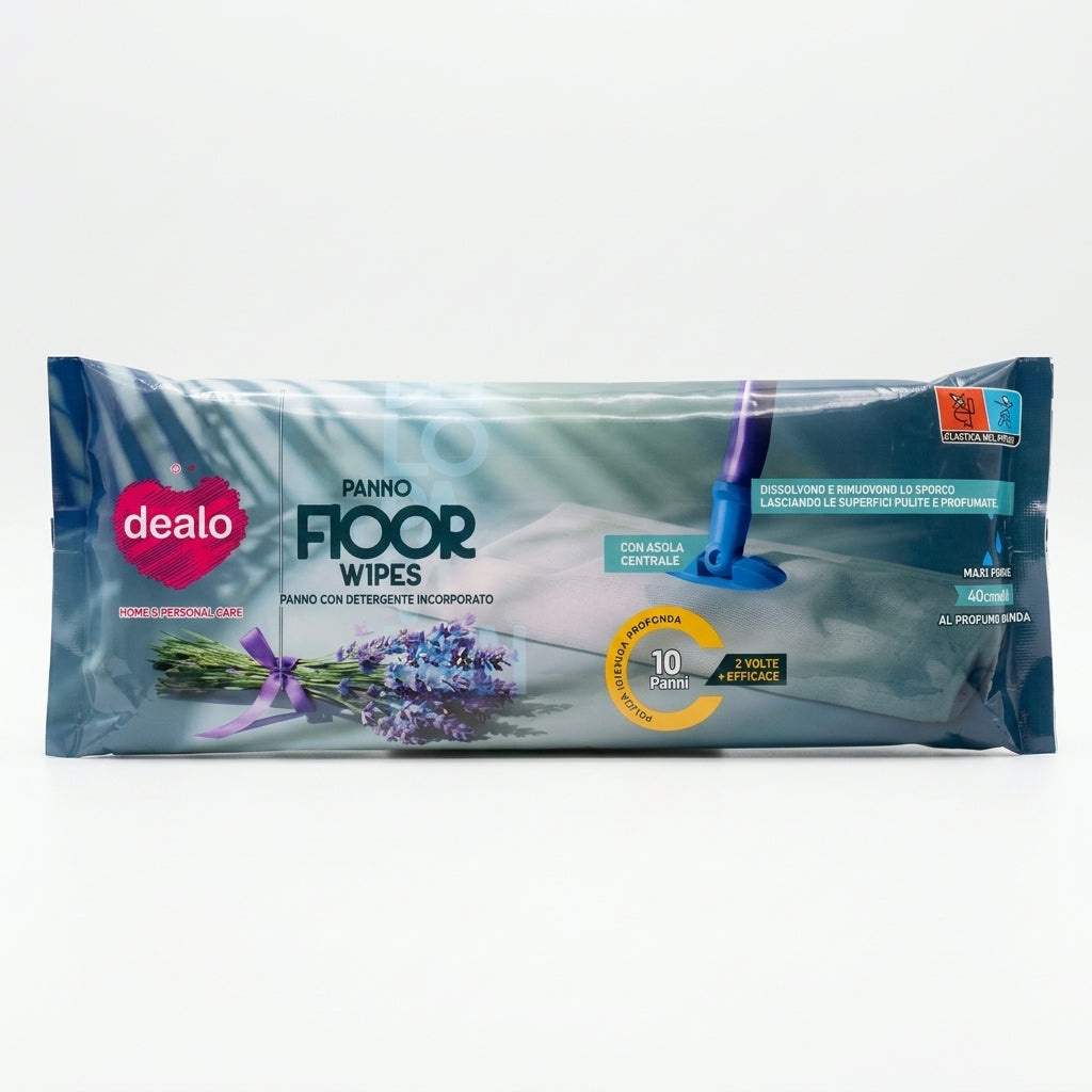 Dealo Floor Wipes Panno Monouso Lavapavimenti Umido Detergente Incorporato Lavanda Maxi Formato 40x60 cm (10 Panni) – Pulizia Rapida Senza Risciacquo