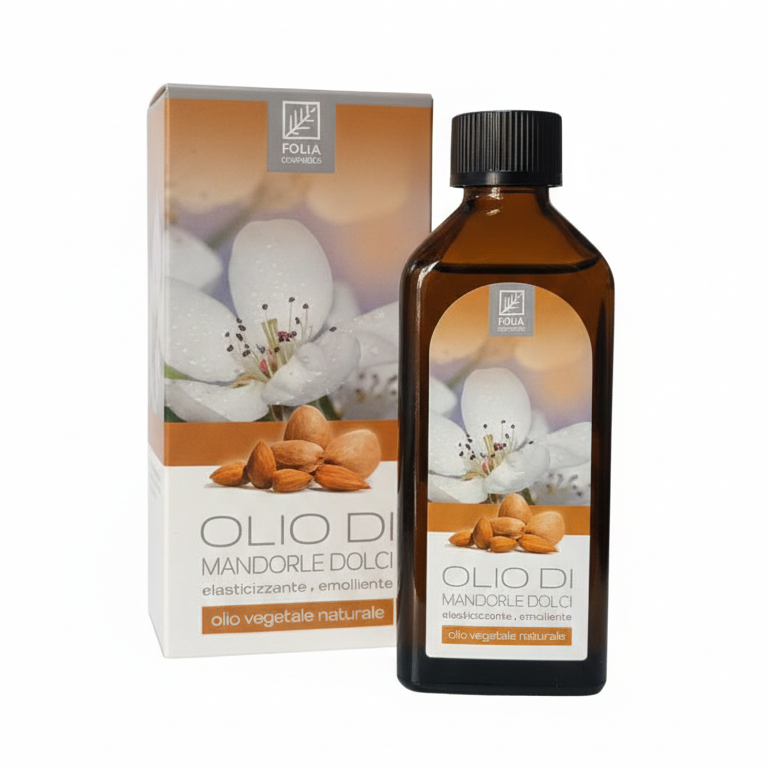 Olio di Mandorle Dolci Folia Cosmetic da 100ml 100% vegetale, olio elasticizzante ed emolliente per gravidanza, corpo e capelli, azione lenitiva e nutriente ideale per prevenzione smagliature e trattamenti su pelle sensibile e secca.