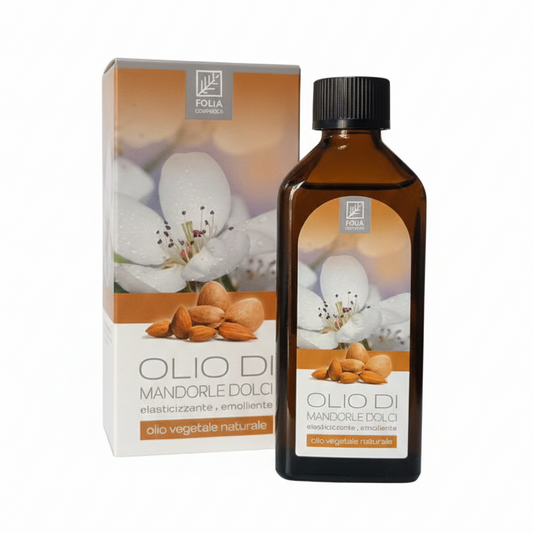 Olio di Mandorle Dolci Folia Cosmetic da 100ml 100% vegetale, olio elasticizzante ed emolliente per gravidanza, corpo e capelli, azione lenitiva e nutriente ideale per prevenzione smagliature e trattamenti su pelle sensibile e secca.