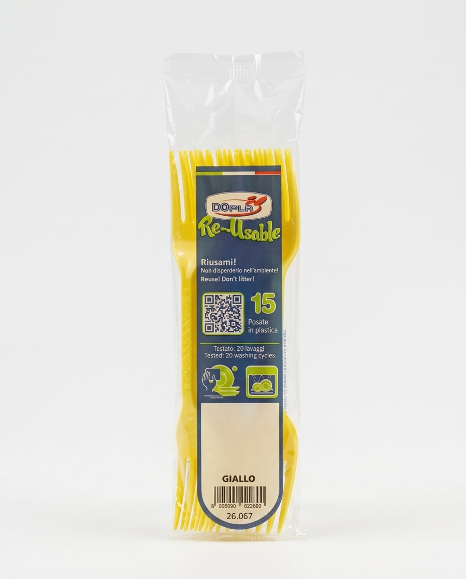 DOPLA Re-Usable Posate in Plastica 15 Pezzi | Riutilizzabili fino a 20 Lavaggi | Lavabili in Lavastoviglie | PP | Colori Giallo o Oro | Made in Italy
