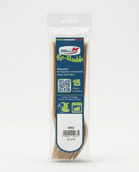 DOPLA Re-Usable Posate in Plastica 15 Pezzi | Riutilizzabili fino a 20 Lavaggi | Lavabili in Lavastoviglie | PP | Colori Giallo o Oro | Made in Italy