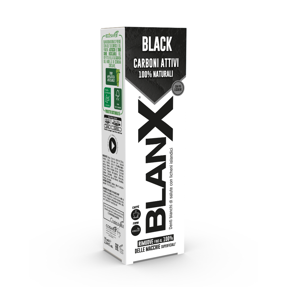 BlanX® Black | Carboni Attivi 100% Naturali e Licheni Islandici | Dentifricio Sbiancante Pasta Nera | Anti-Macchia Smalto Non Abrasivo – Sorriso Splendente e Bianco Autentico 75 ml