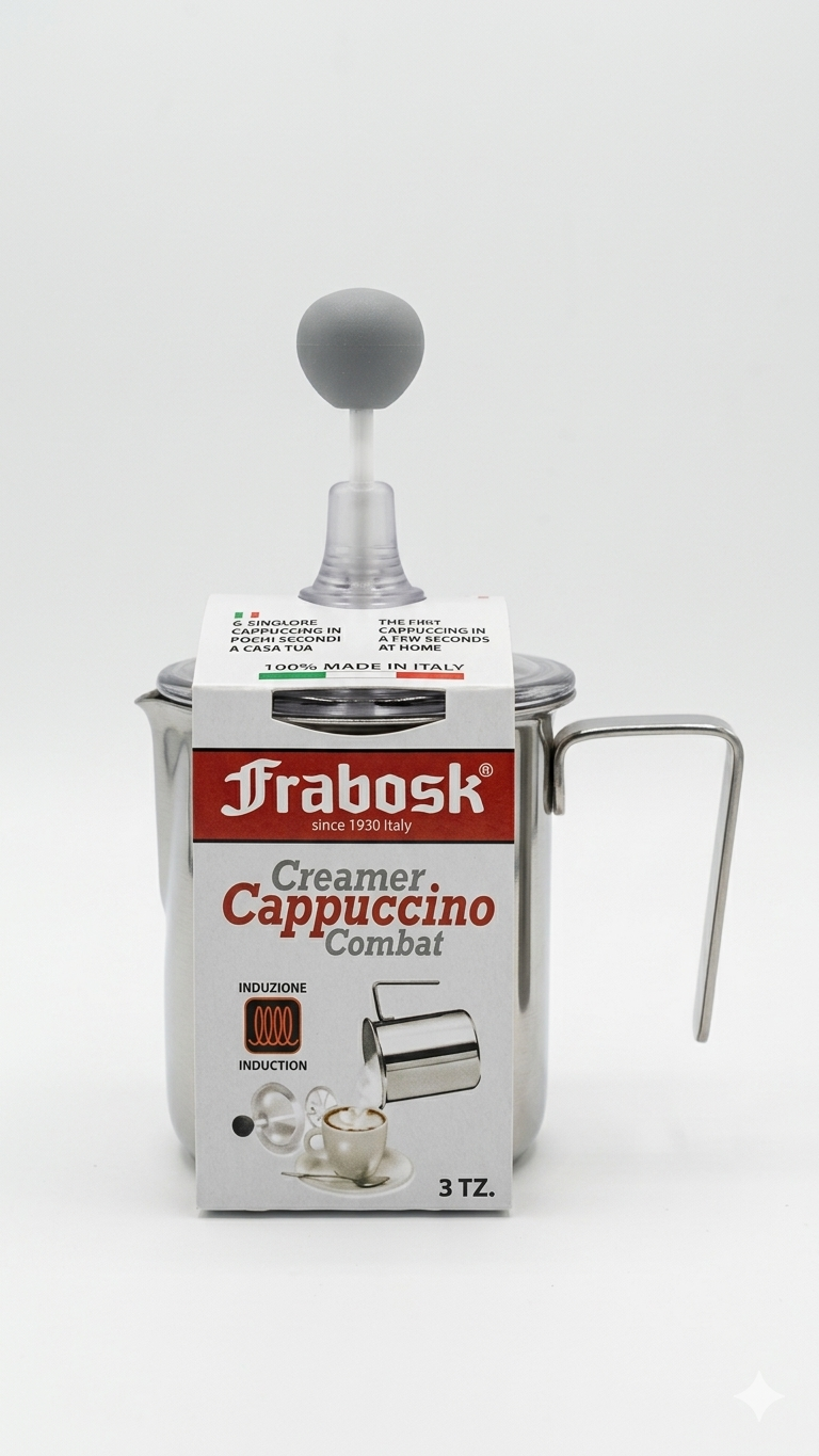 Frabosk Creamer Cappuccino COMBAT | Montalatte Manuale 3 Tazze in Acciaio Inox | Cappuccinatore da Fornello INDUZIONE | Coperchio in Policarbonato