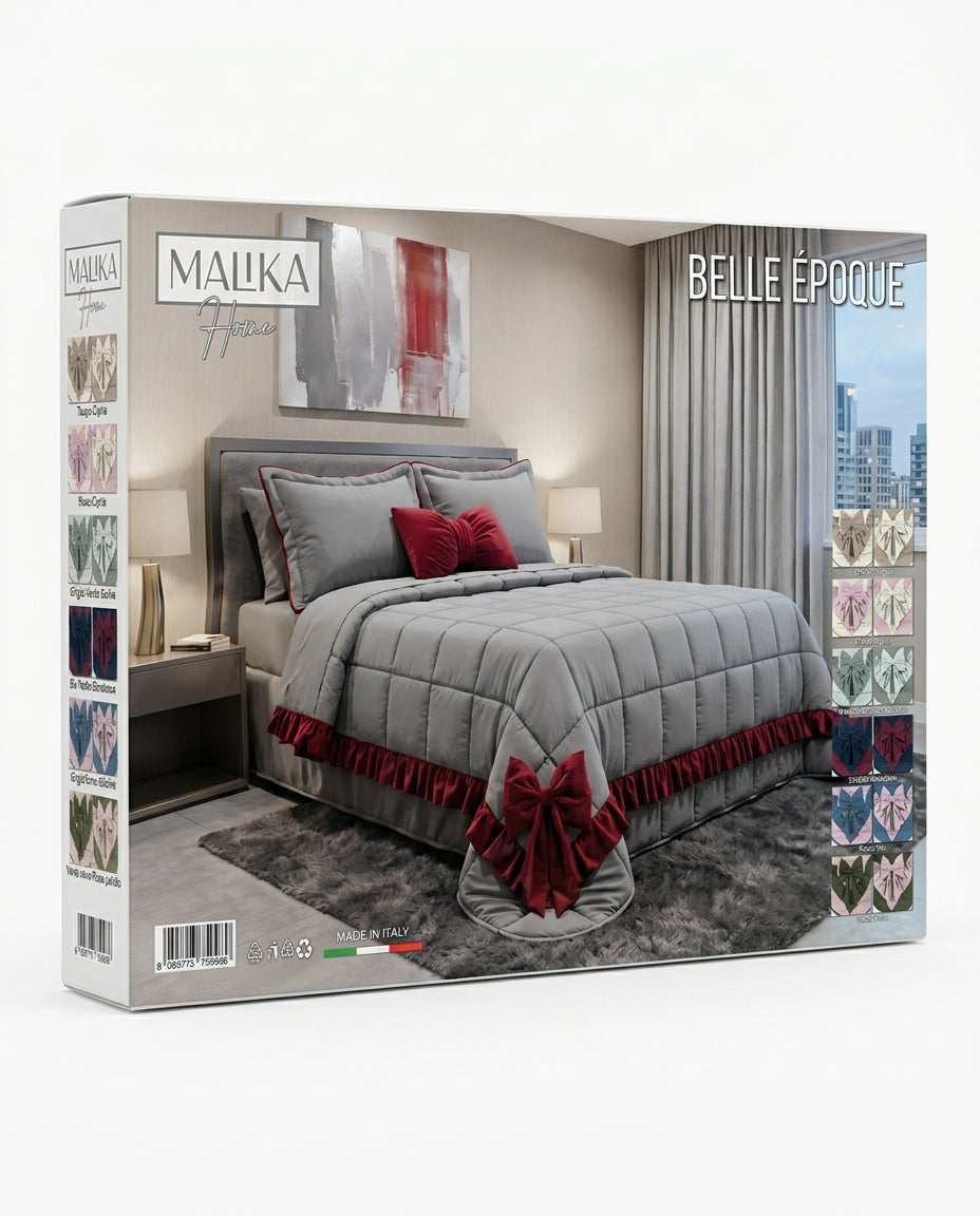 Malika Home Trapunta Matrimoniale Belle Époque Balza in Velluto Fiocco e Cuscino Arredo Made in Italy – Eleganza Lusso Camera da Letto