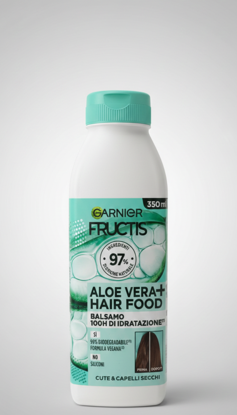 Garnier Fructis Hair Food Balsamo Aloe Idratante 350 ml, balsamo districante per capelli da normali a secchi, formula vegana con 98% ingredienti di origine naturale e senza siliconi, arricchito con aloe vera e oli vegetali per idratazione intensa, morbidezza e lucentezza senza appesantire.