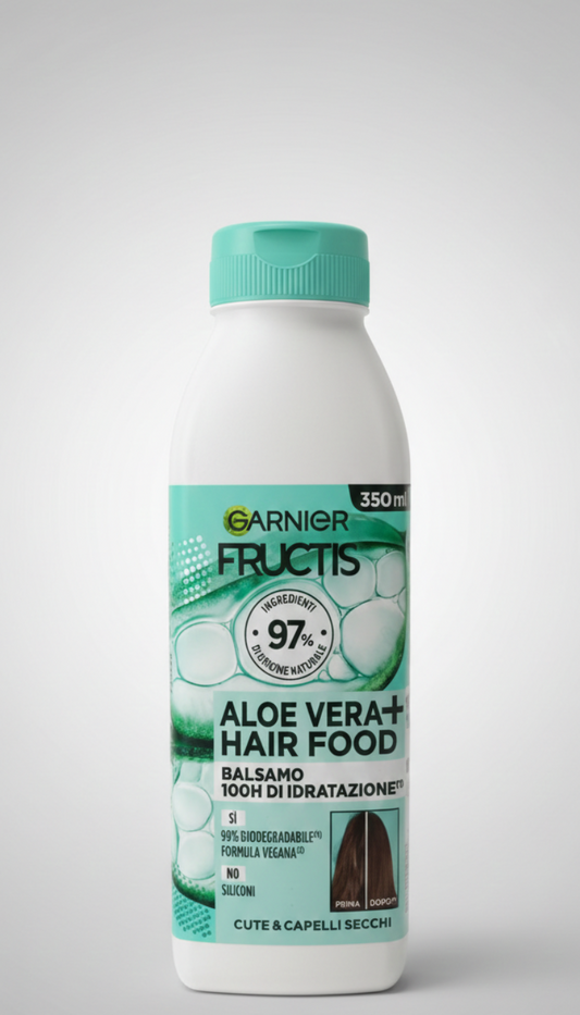 Garnier Fructis Hair Food Balsamo Aloe Idratante 350 ml, balsamo districante per capelli da normali a secchi, formula vegana con 98% ingredienti di origine naturale e senza siliconi, arricchito con aloe vera e oli vegetali per idratazione intensa, morbidezza e lucentezza senza appesantire.