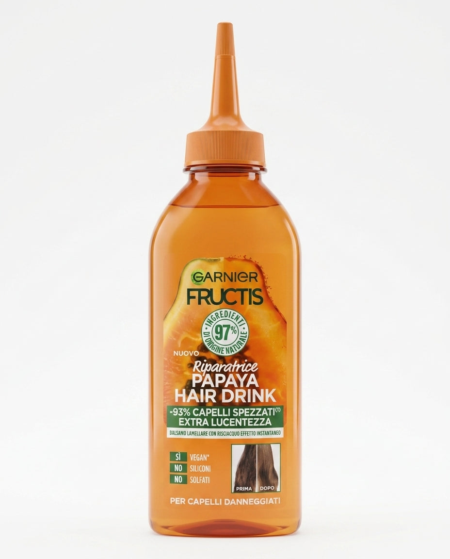 Garnier Fructis Hair Drink Papaya 200 ml, balsamo lamellare riparatore in soluzione liquida con tecnologia istantanea anti-rottura, ideale per capelli danneggiati e spenti.