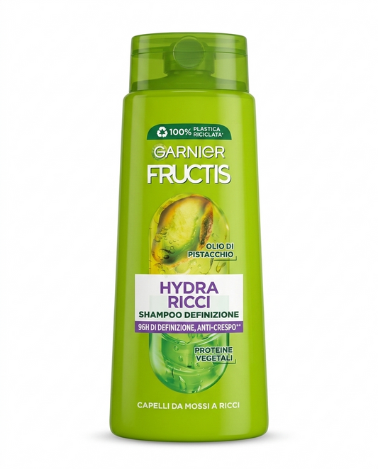 Garnier Fructis Hydra Ricci shampoo 700 ml con olio di pistacchio e proteine vegetali, anticrespo e definizione 96 ore.